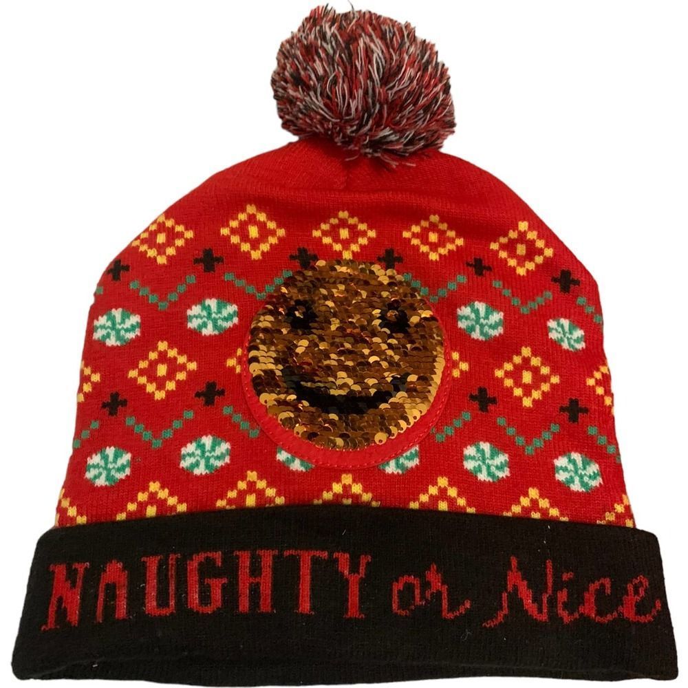 Naughty or Nice Sequin Changing Emoji Beanie w Poof EUC Red Black Holiday Theme